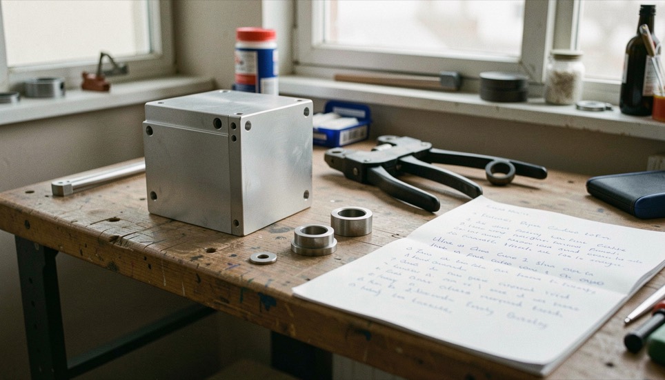 A workbench holds a machined aluminum housing beside calipers, sample parts, and handwritten notes in soft window light.