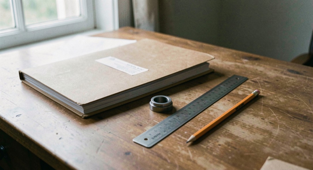 A quiet review desk holds source folders, a metal part, a ruler, and a pencil arranged in calm morning light.