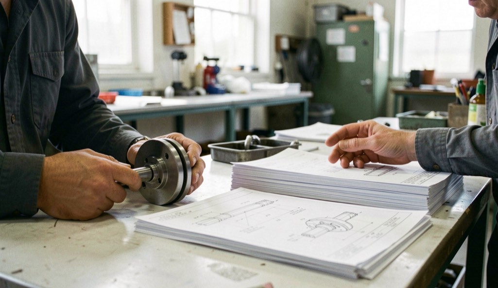 An engineer compares a machined part with a neat stack of technical drawings on a bright workshop bench.