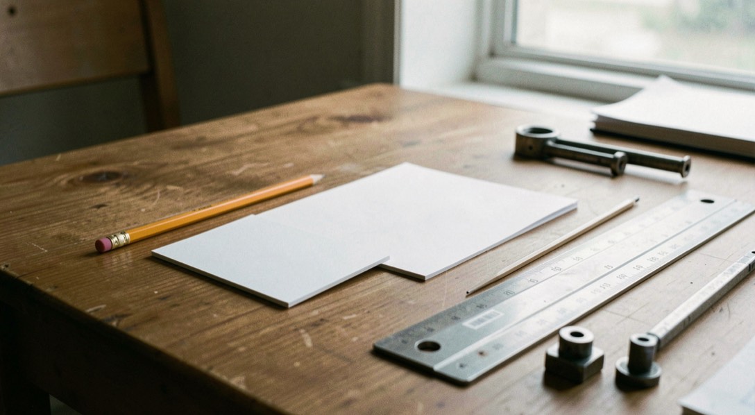 A pencil, blank cards, ruler, and metal components rest on a carefully arranged review desk.